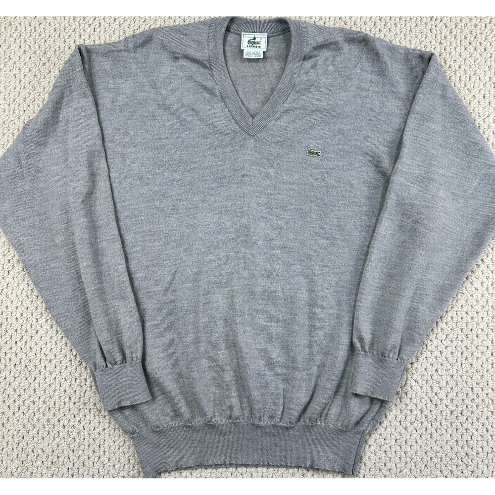 Vtg Lacoste Sweater Mens 6 (XL) Gray Pure Wool V Neck Oxford Pullover